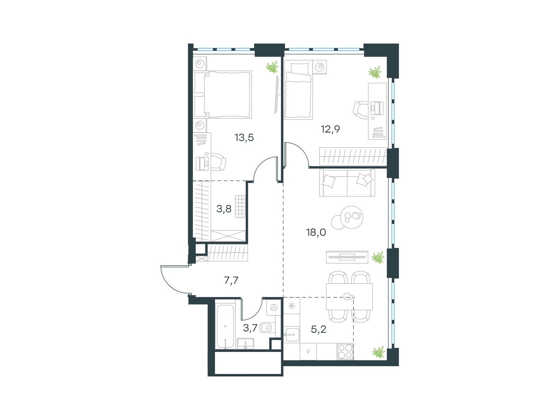 Планировка: 3-комн. квартира 64.80 м² в новостройке ЖК Левел Южнопортовая