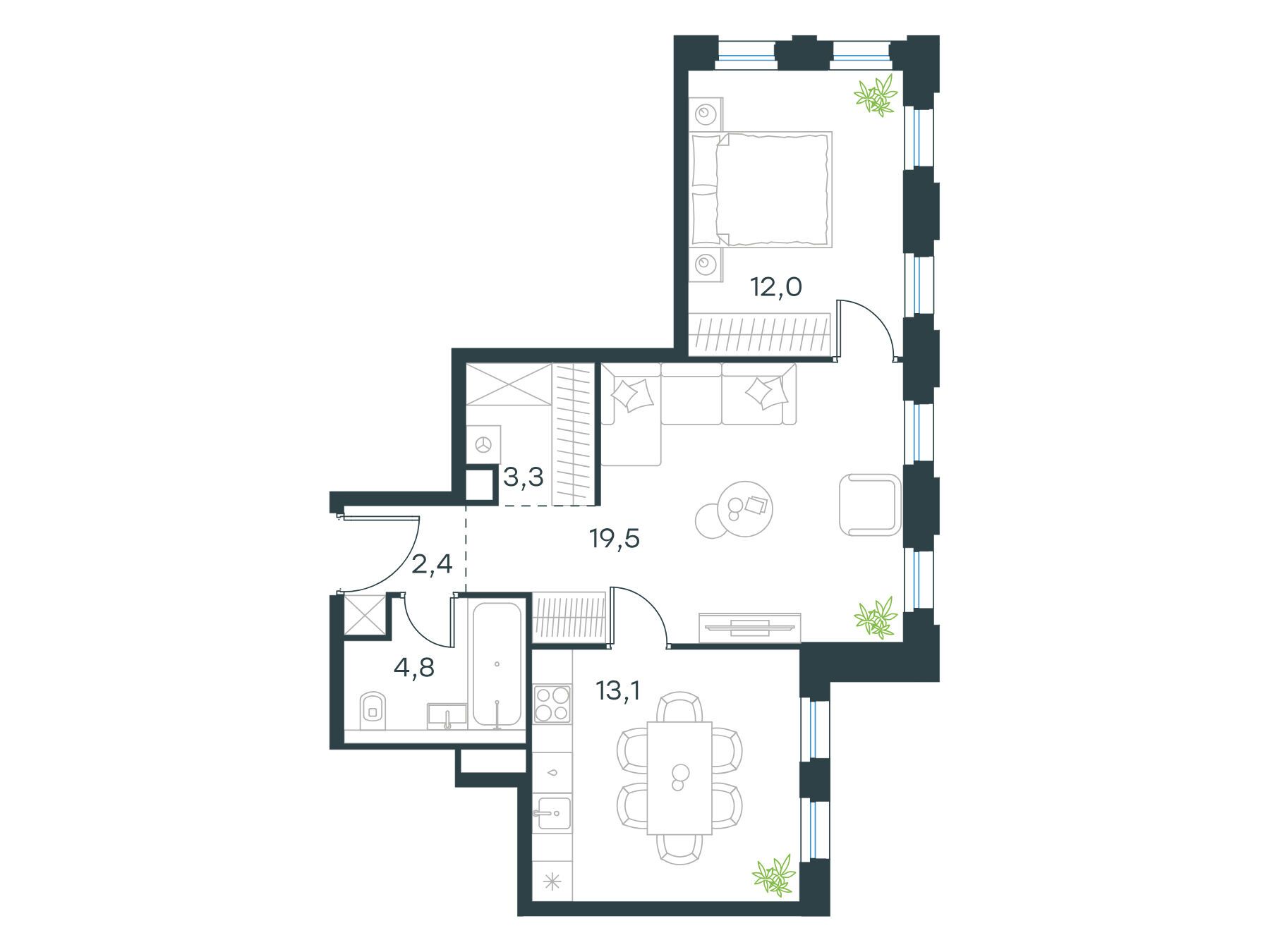 Планировка: 2-комн. квартира 55.10 м² в новостройке ЖК Левел Селигерская