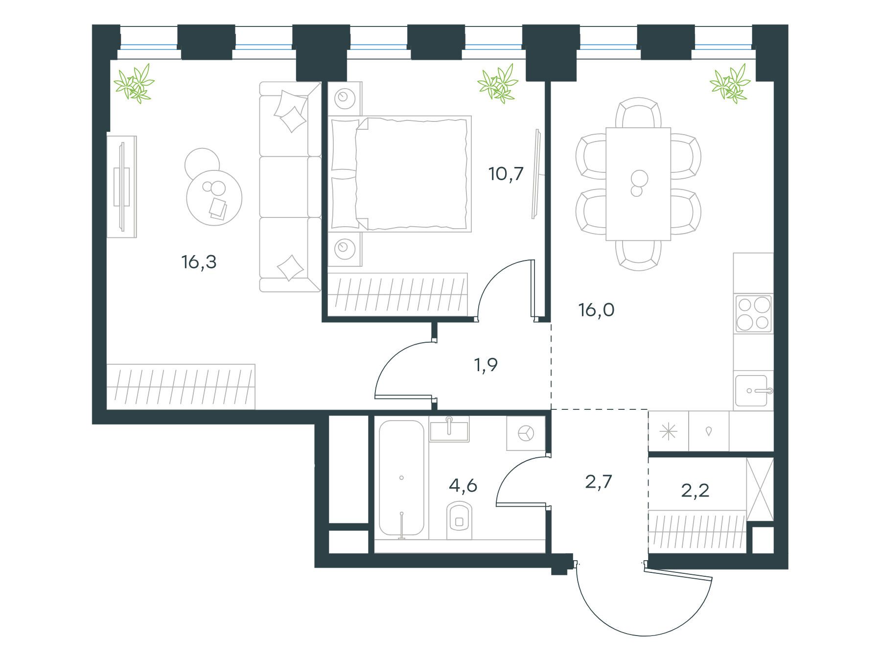 Планировка: 2-комн. квартира 54.40 м² в новостройке ЖК Левел Селигерская