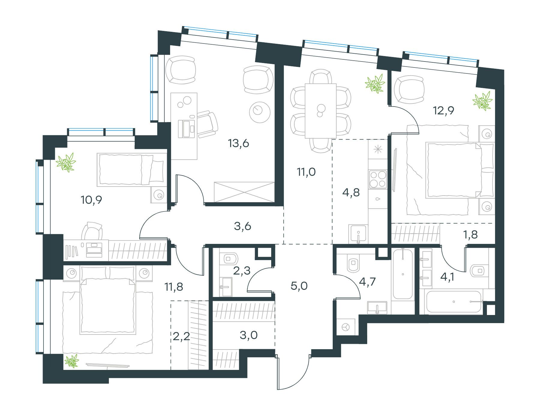 Планировка: 5-комн. квартира 91.70 м² в новостройке ЖК Павелецкая Сити