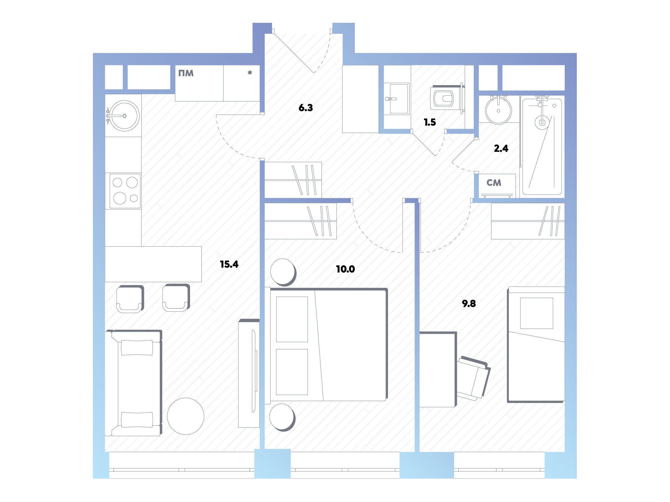 Планировка: 2-комн. квартира 45.40 м² в новостройке Баланс