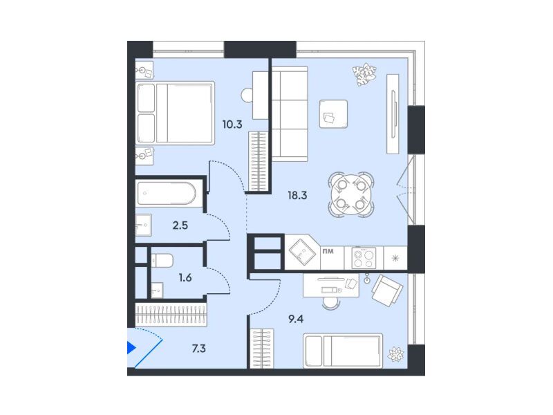 Планировка: 2-комн. квартира 49.40 м² в новостройке Баланс