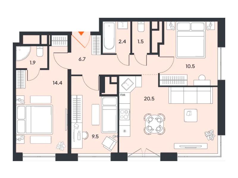 Планировка: 3-комн. квартира 67.40 м² в новостройке Баланс