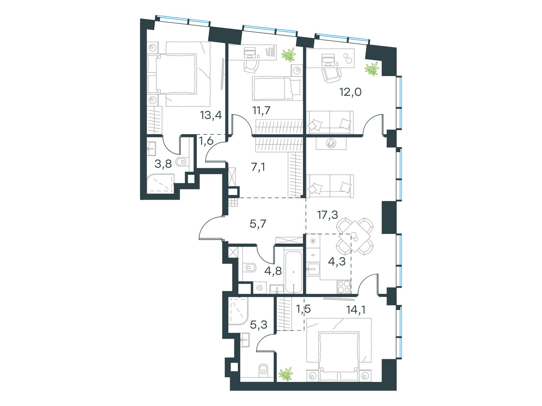 Планировка: 5-комн. квартира 102.60 м² в новостройке ЖК Павелецкая Сити