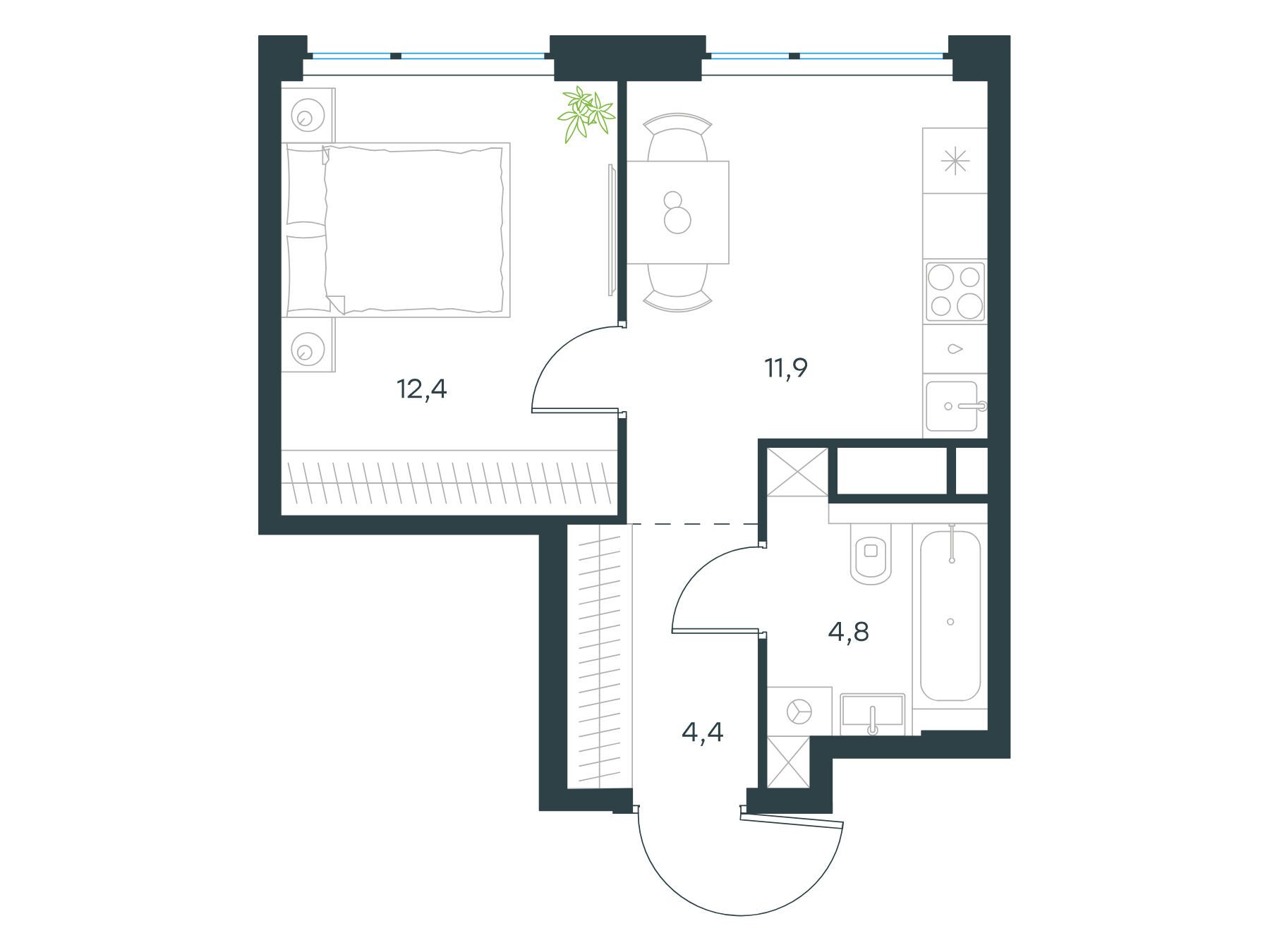 Планировка: 1-комн. квартира 33.50 м² в новостройке ЖК Левел Мичуринский