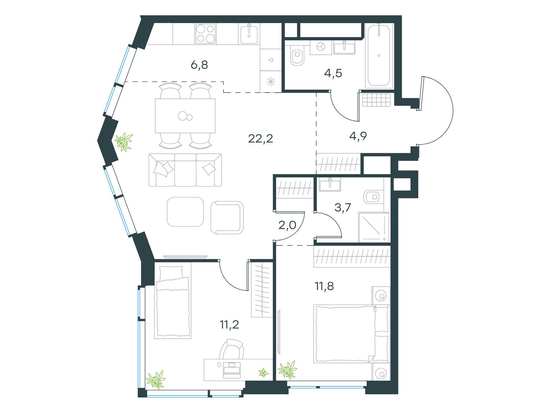 Планировка: 3-комн. квартира 67.10 м² в новостройке ЖК Левел Мичуринский