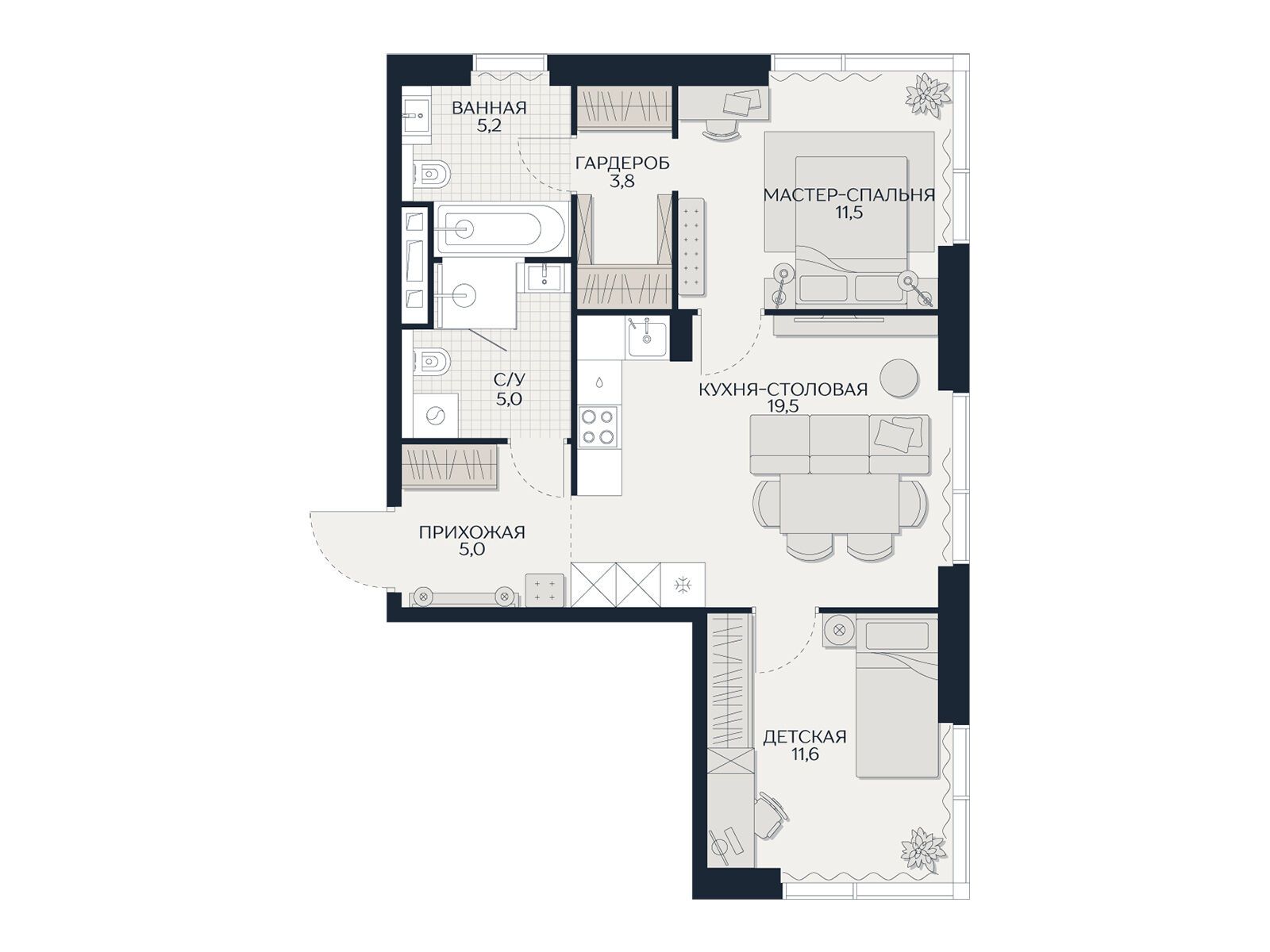 Планировка: 2-комн. квартира 61.60 м² в новостройке Кутузов Сити