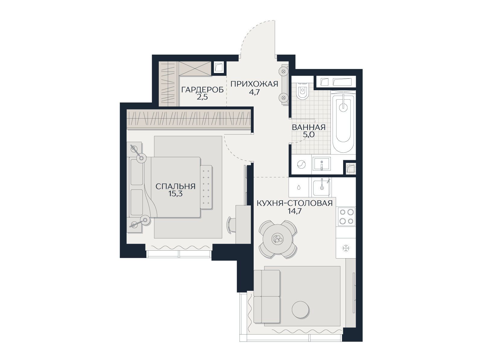 Планировка: 1-комн. квартира 42.20 м² в новостройке Кутузов Сити
