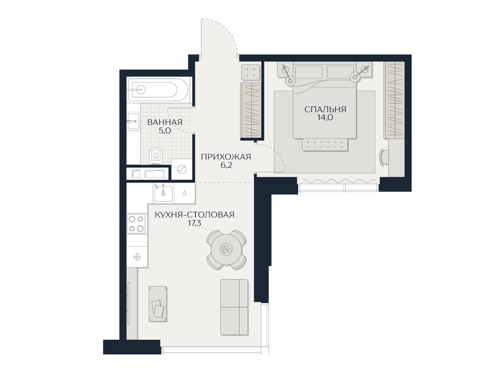 Планировка: 1-комн. квартира 42.50 м² в новостройке Кутузов Сити