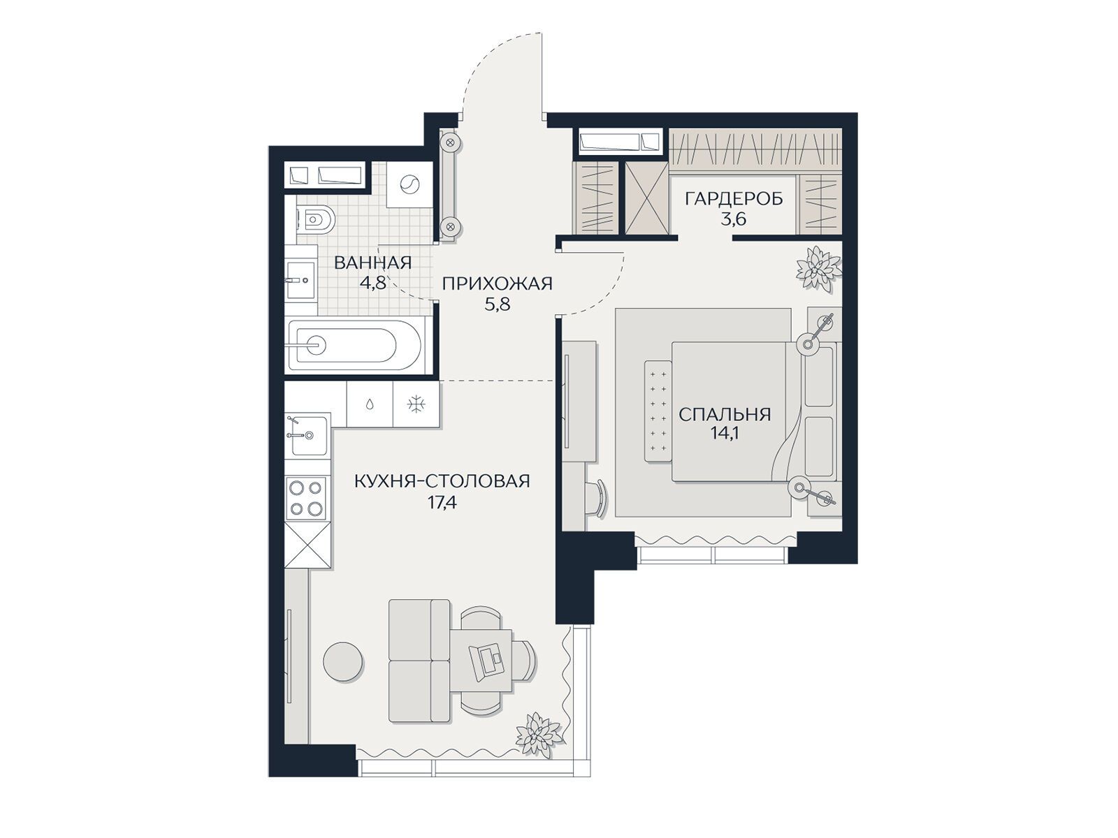 Планировка: 2-комн. квартира 45.70 м² в новостройке Кутузов Сити