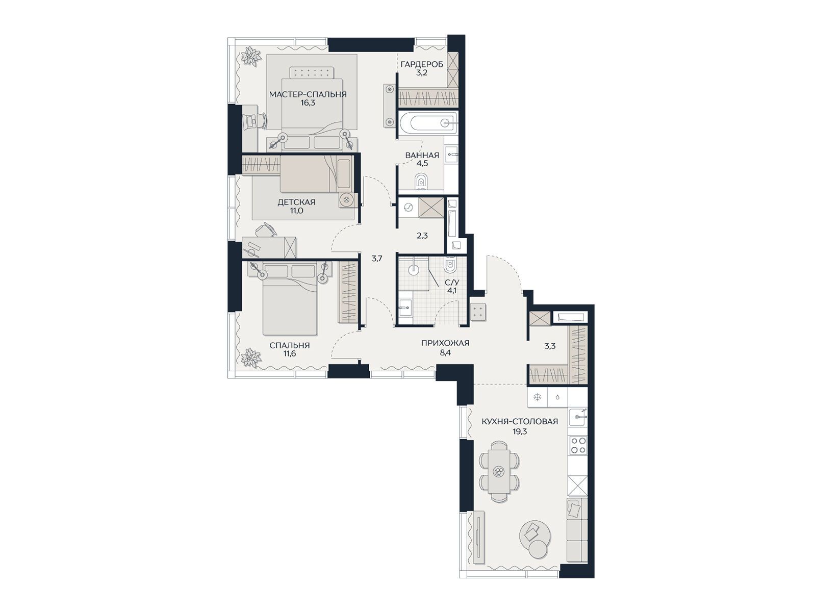 Планировка: 3-комн. квартира 87.70 м² в новостройке Кутузов Сити