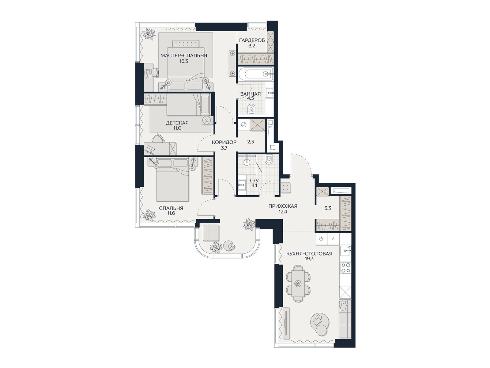 Планировка: 3-комн. квартира 91.70 м² в новостройке Кутузов Сити