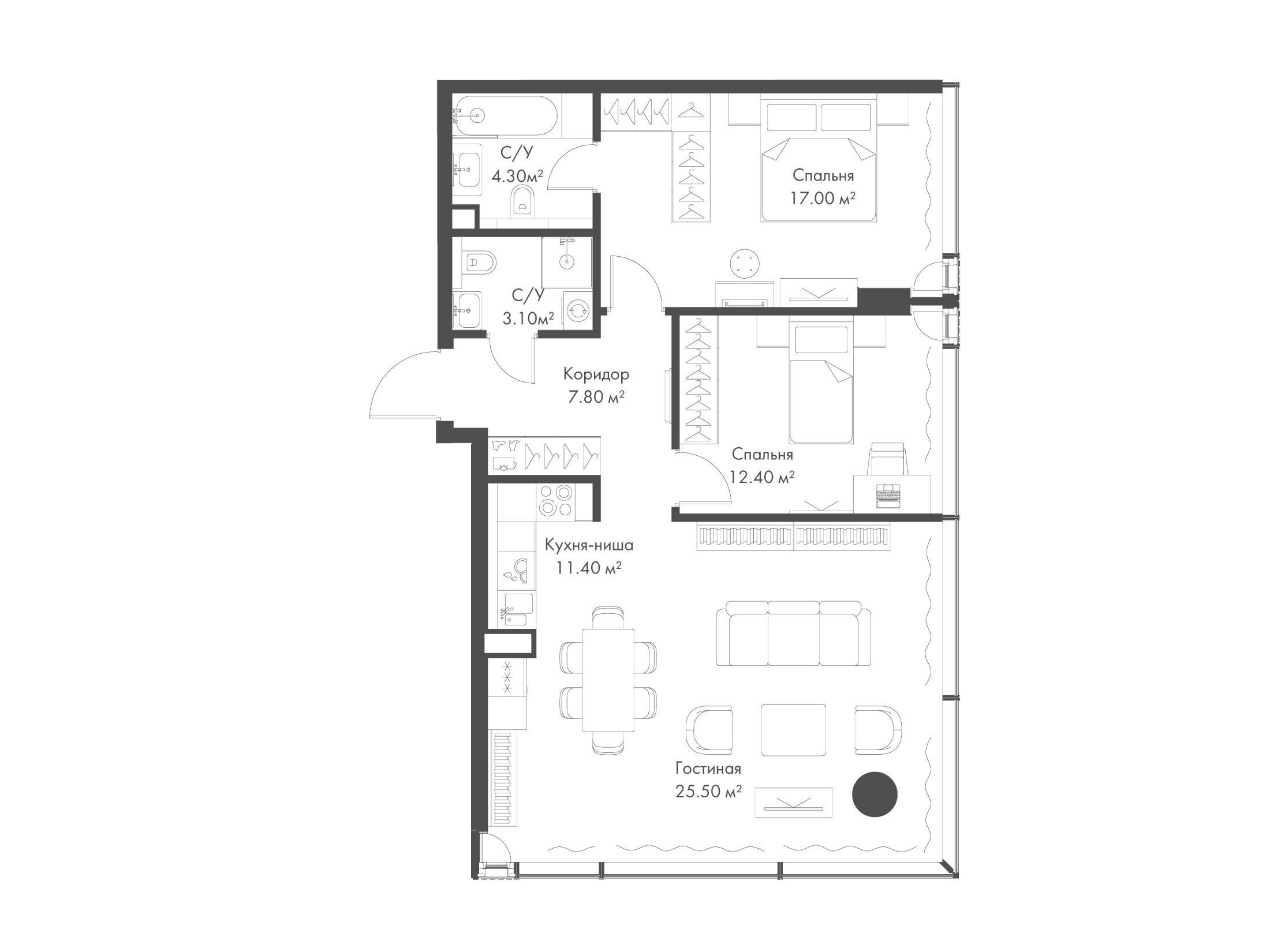 Планировка: 2-комн. квартира 81.50 м² в новостройке Слава