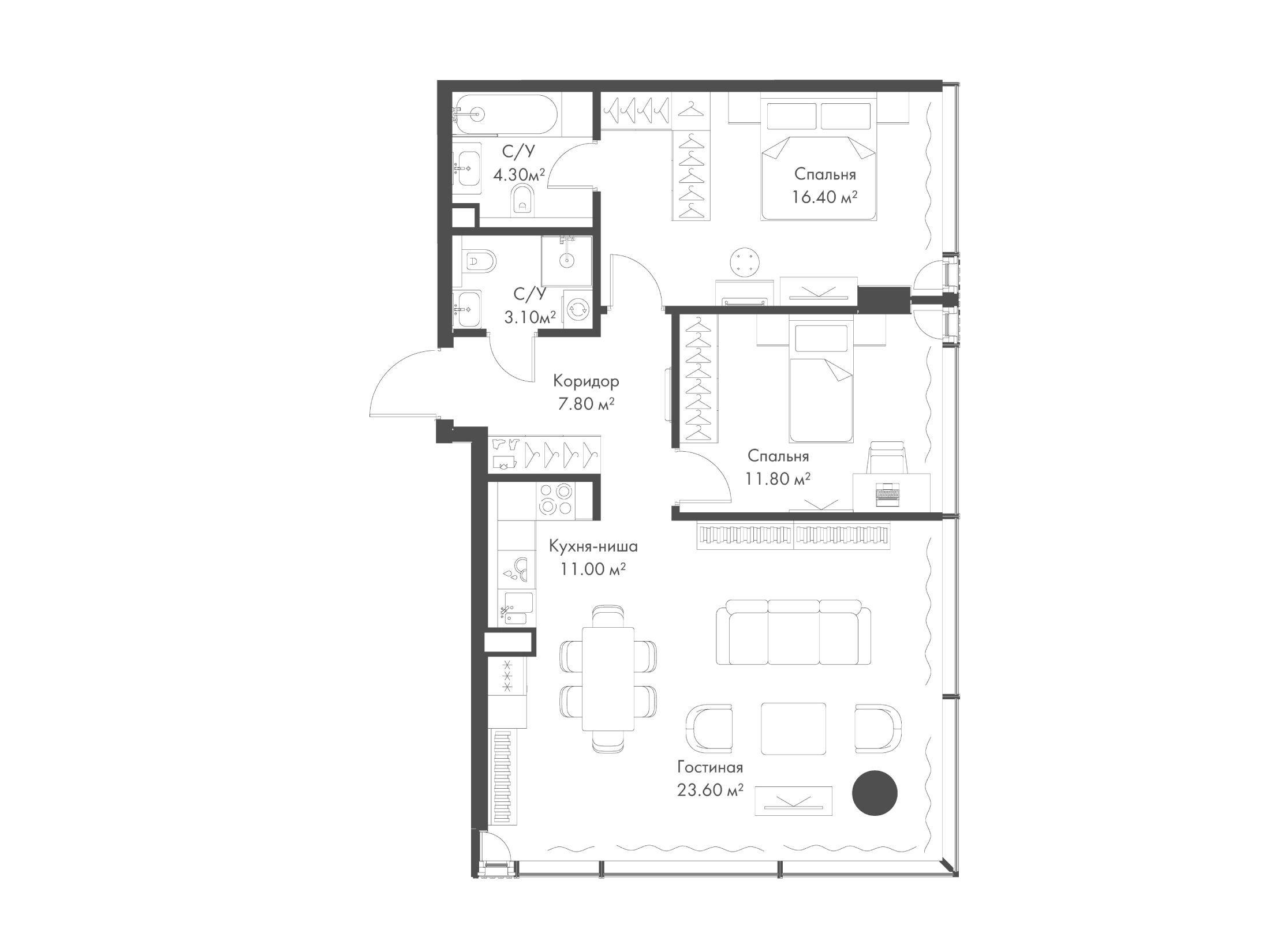 Планировка: 2-комн. квартира 78.00 м² в новостройке Слава