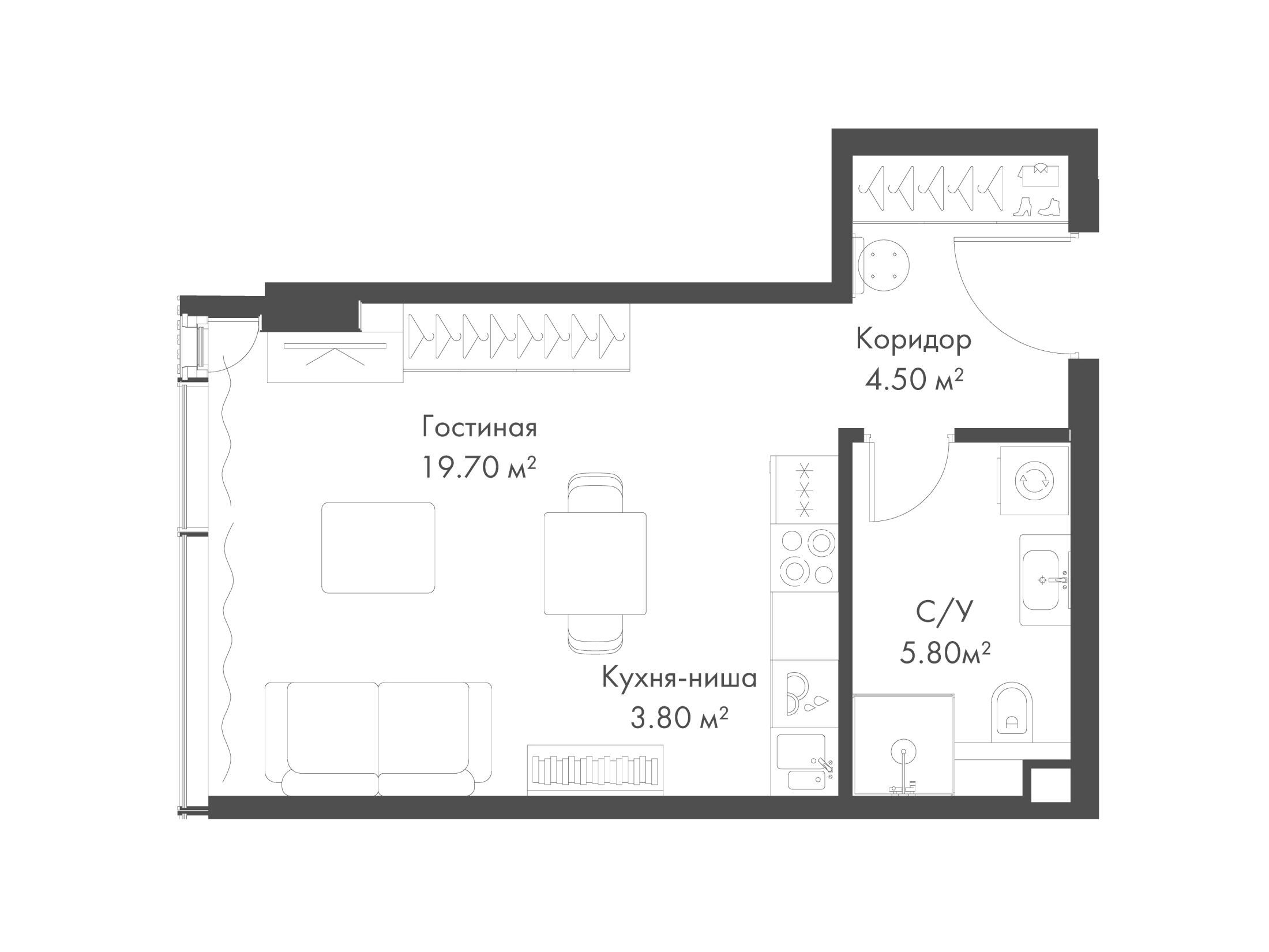 Планировка: Студия 33.80 м² в новостройке Слава