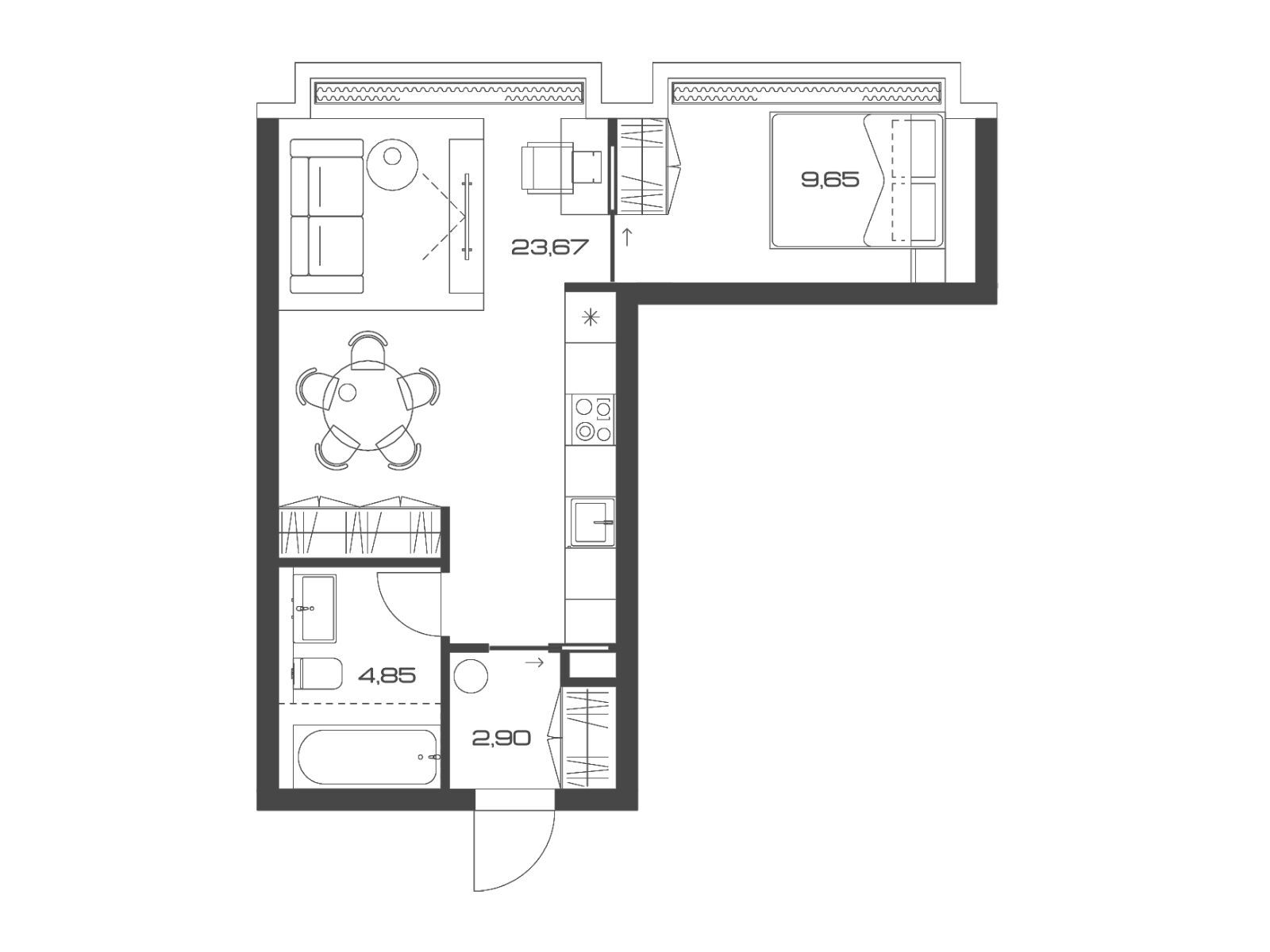 Планировка: 1-комн. квартира 41.70 м² в новостройке Лунар