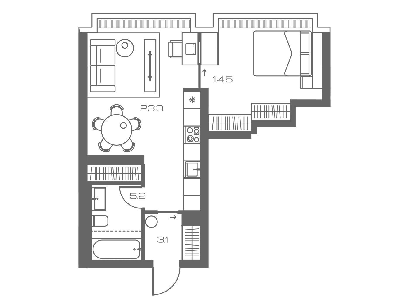 Планировка: 1-комн. квартира 46.10 м² в новостройке Лунар
