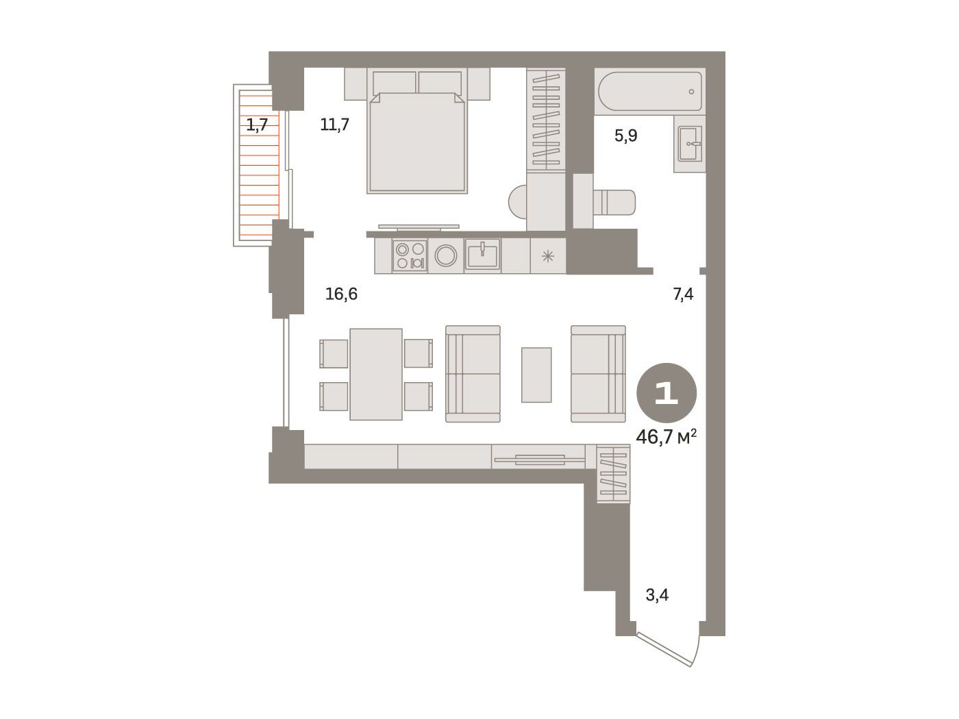 Планировка: 1-комн. квартира 46.70 м² в новостройке ЖК Монс