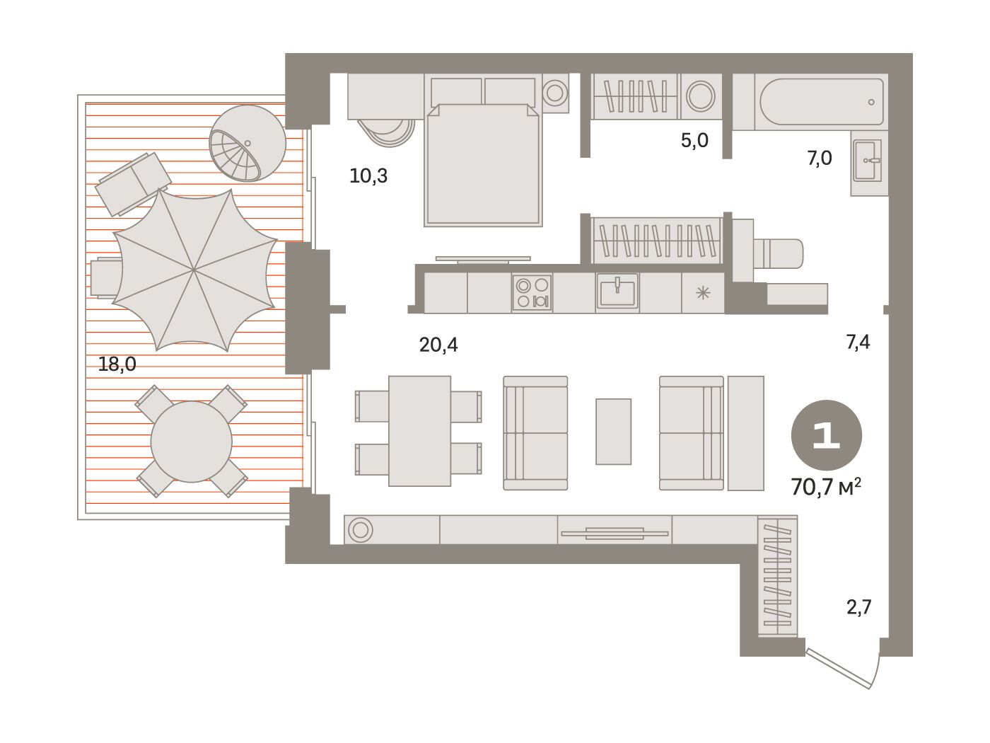 Планировка: 1-комн. квартира 70.70 м² в новостройке ЖК Монс