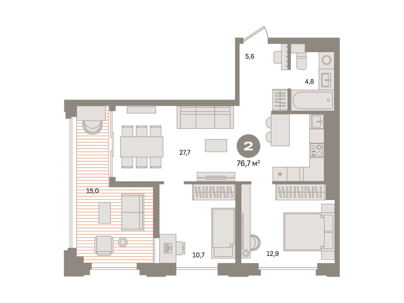 Планировка: 2-комн. квартира 75.30 м² в новостройке Монс
