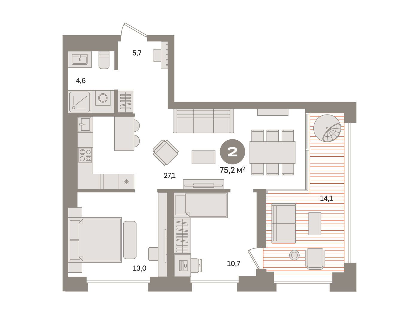 Планировка: 2-комн. квартира 75.20 м² в новостройке Монс