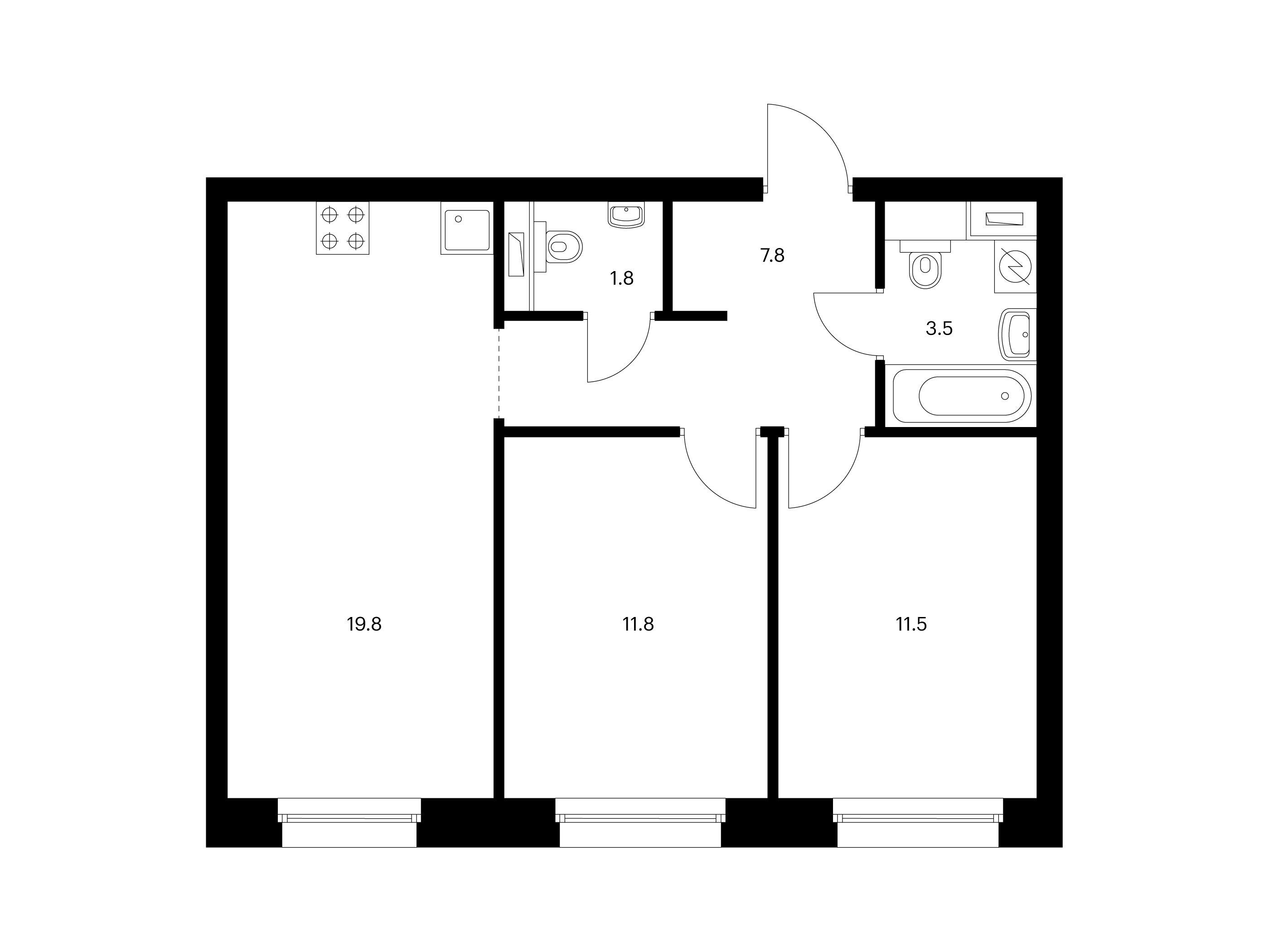 Планировка: 2-комн. квартира 56.20 м² в новостройке Полар