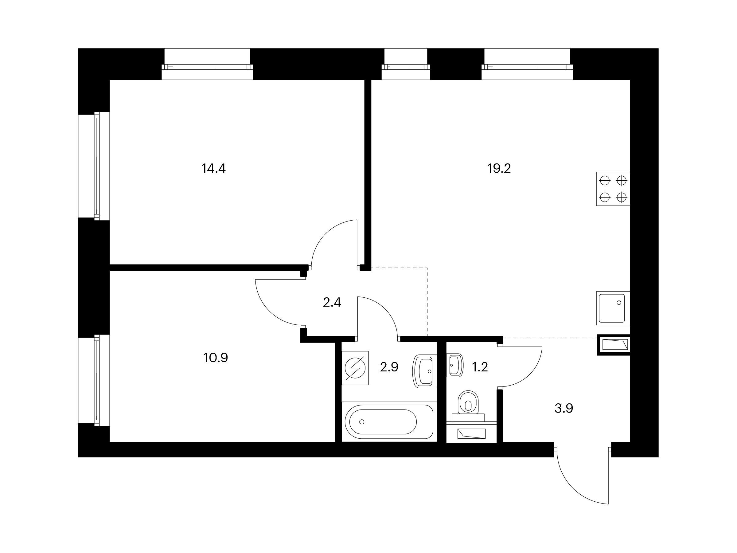 Планировка: 2-комн. квартира 54.90 м² в новостройке Полар