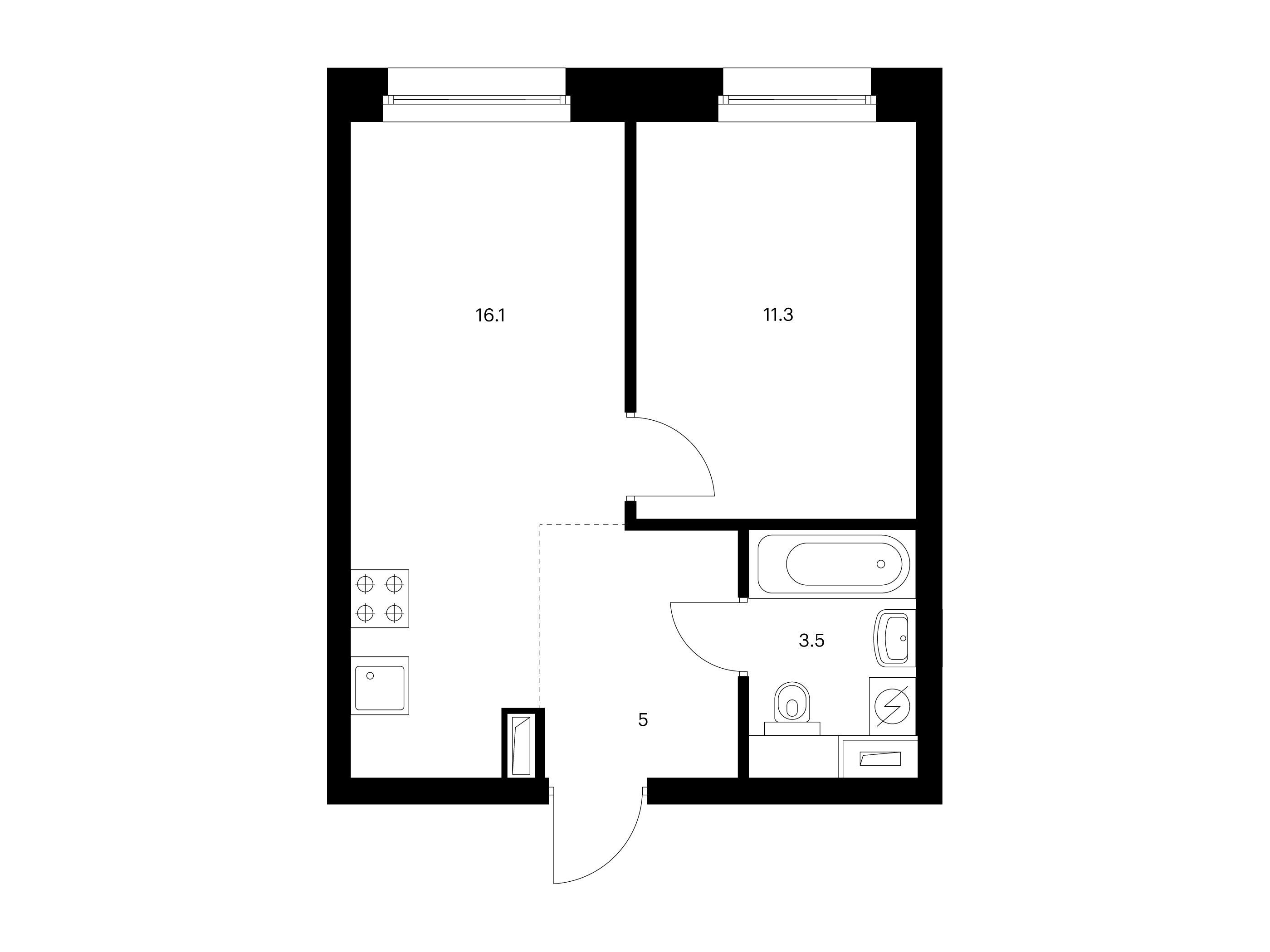 Планировка: 1-комн. квартира 35.90 м² в новостройке Полар