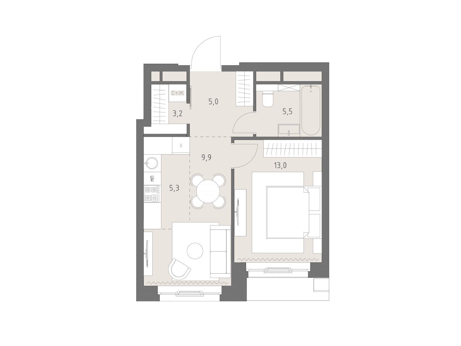 Планировка: 2-комн. квартира 41.90 м² в новостройке Родина Парк
