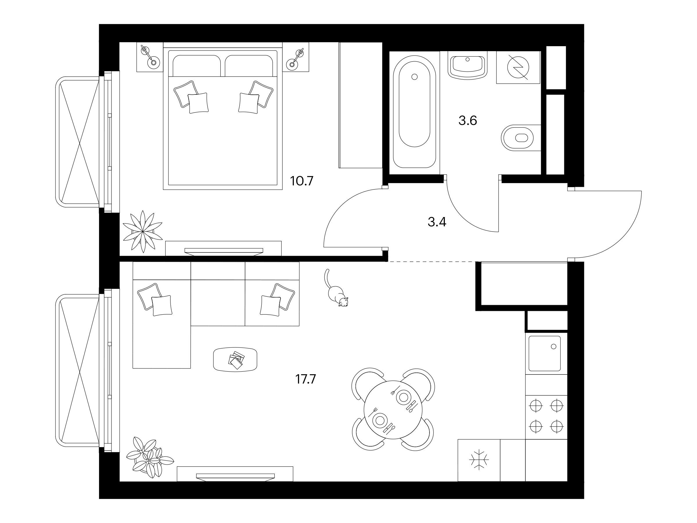 Планировка: 1-комн. квартира 35.40 м² в новостройке 2-й Иртышский