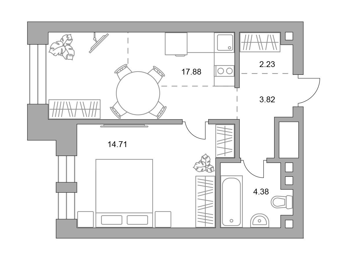 Планировка: 1-комн. квартира 43.02 м² в новостройке Павелецкая от Гранель