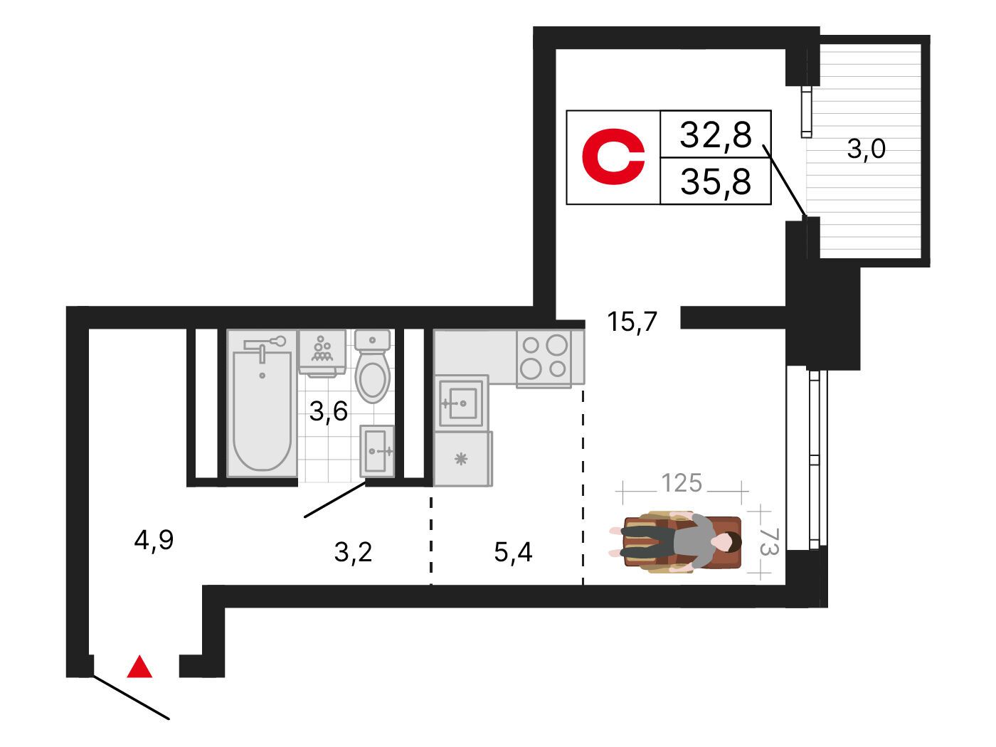Планировка: Студия 35.80 м² в новостройке ЖК Бестселлер