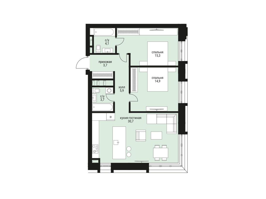 Планировка: 2-комн. квартира 78.90 м² в новостройке ЖК Шелепиха