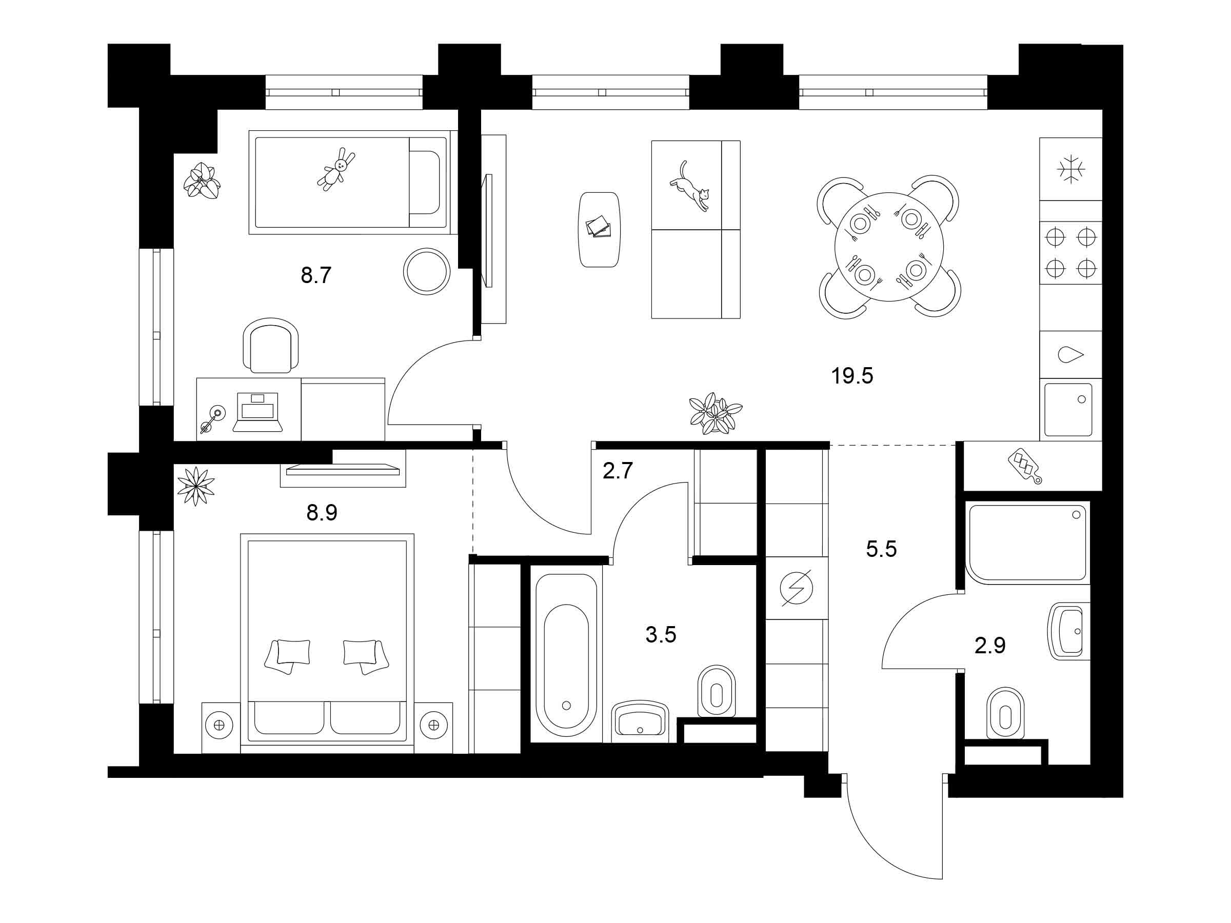 Планировка: 2-комн. квартира 51.70 м² в новостройке Зелёный парк