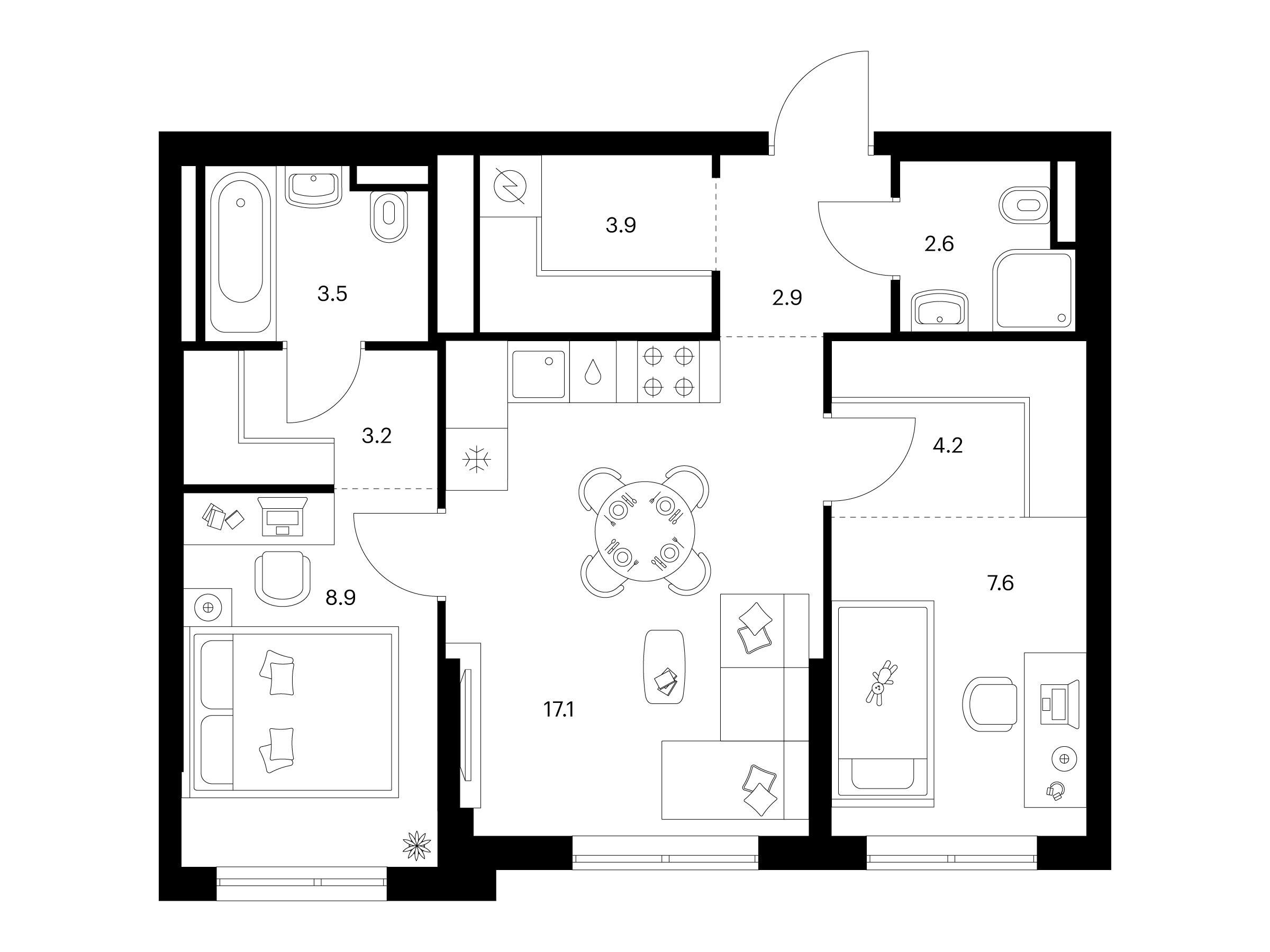 Планировка: 2-комн. квартира 53.90 м² в новостройке Зелёный парк