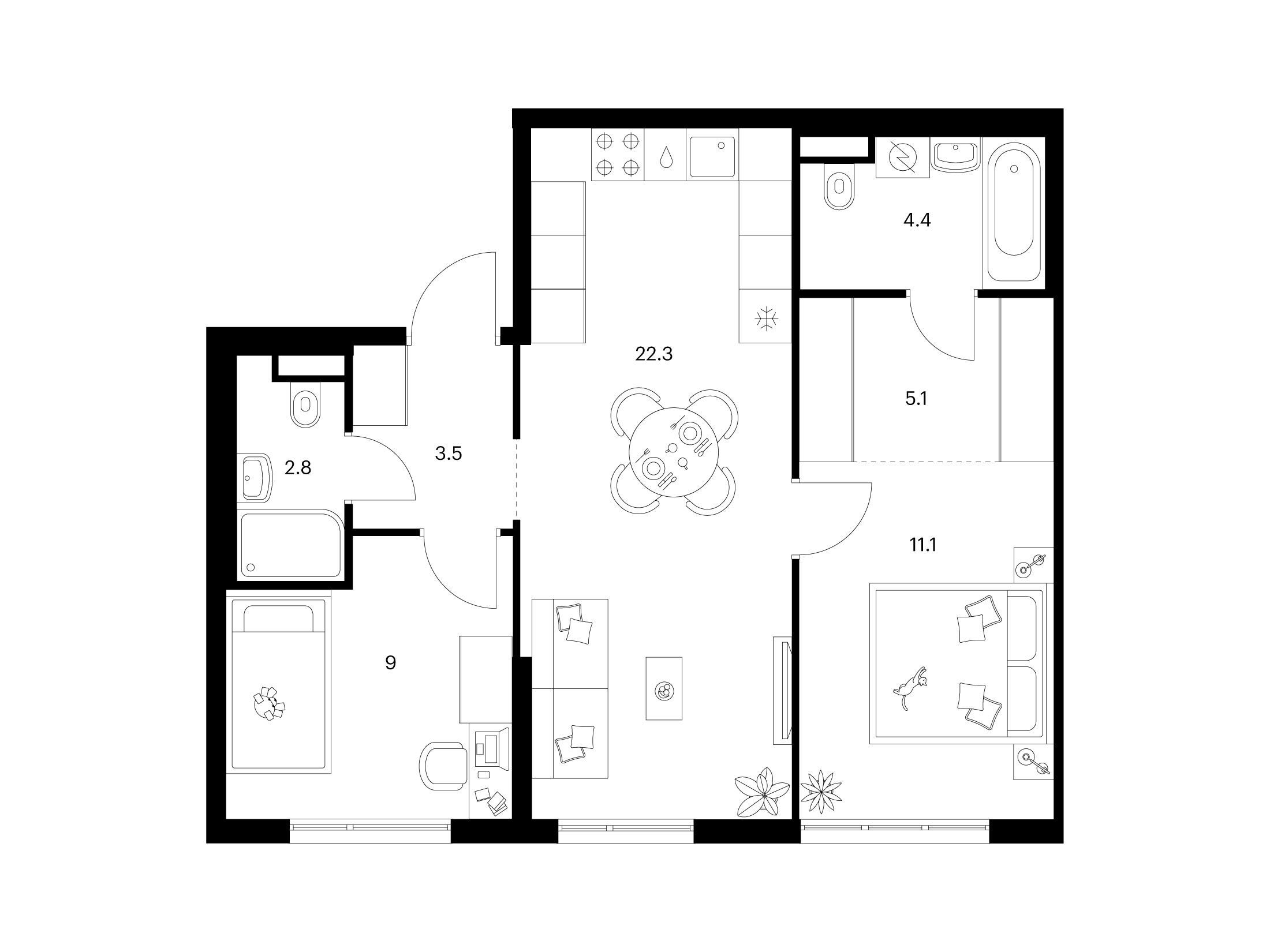 Планировка: 2-комн. квартира 58.20 м² в новостройке Кавказский бульвар 51