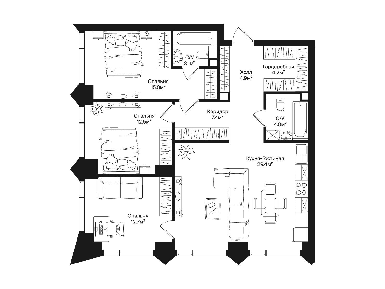 Планировка: 3-комн. квартира 93.20 м² в новостройке Ракурс
