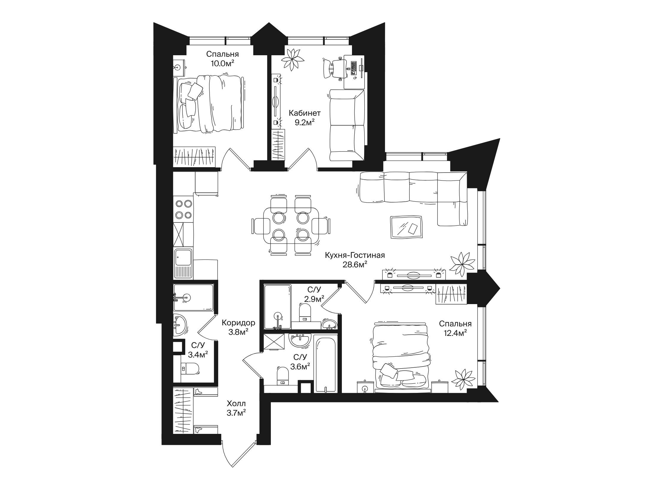 Планировка: 3-комн. квартира 77.60 м² в новостройке Ракурс