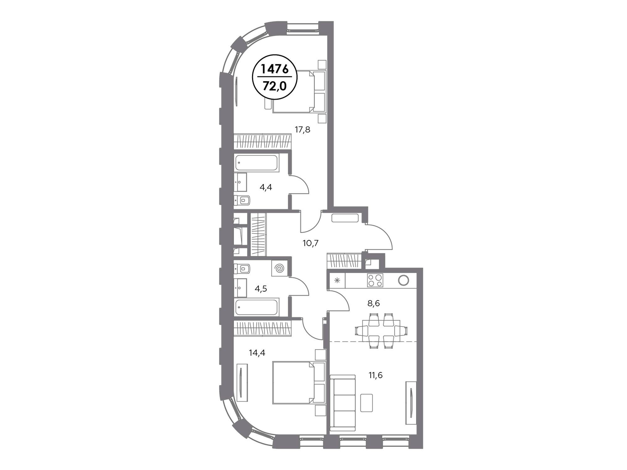 Планировка: 3-комн. квартира 72.00 м² в новостройке Адмирал