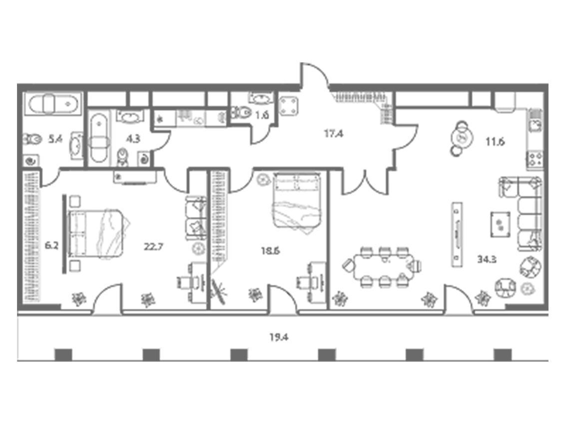 Планировка: 3-комн. квартира 122.10 м² в новостройке Вест Тауэр