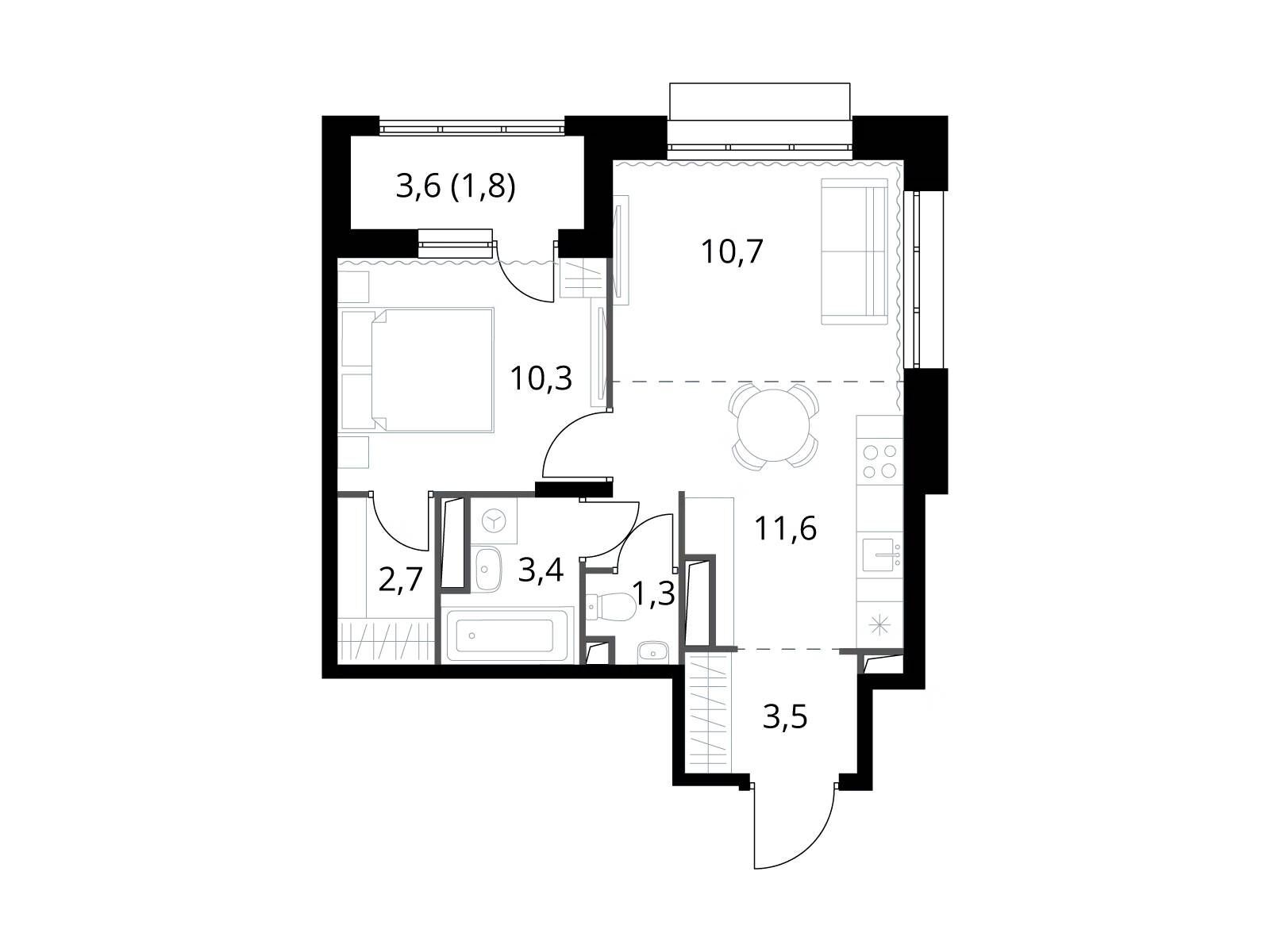 Планировка: 2-комн. квартира 45.30 м² в новостройке 1-й Саларьевский