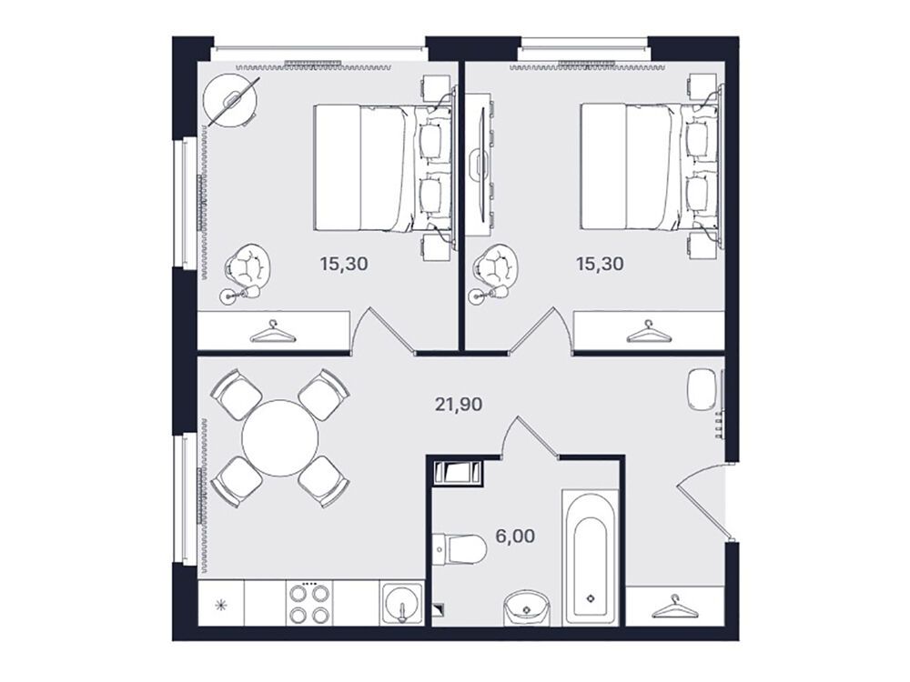 Планировка: 2-комн. квартира 58.50 м² в новостройке Интуит