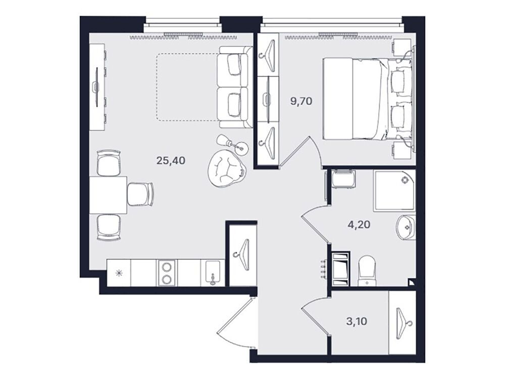 Планировка: 2-комн. квартира 42.40 м² в новостройке Интуит