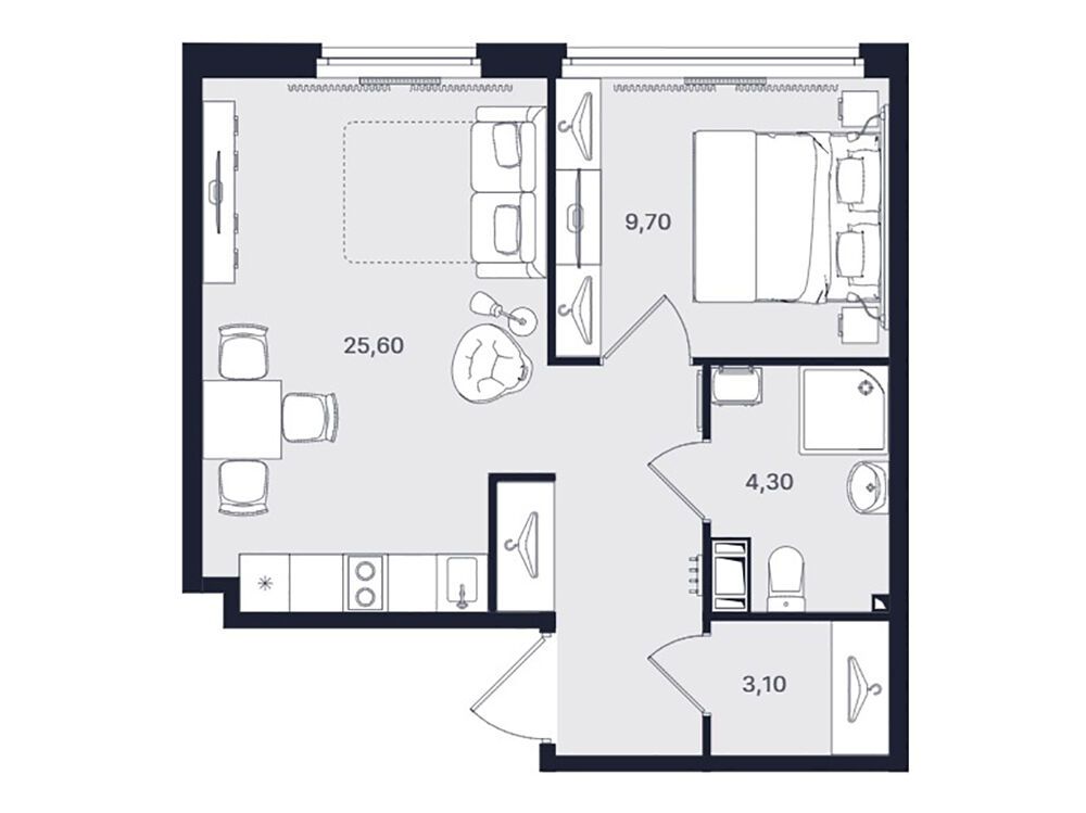 Планировка: 2-комн. квартира 42.70 м² в новостройке Интуит