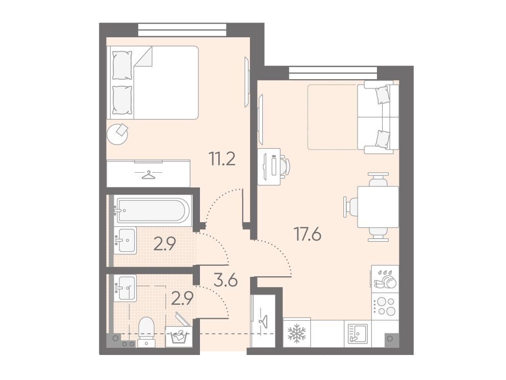 Планировка: 1-комн. квартира 38.20 м² в новостройке Пулково Лайк