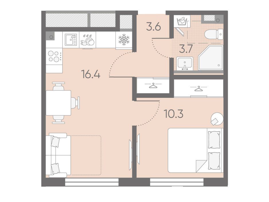 Планировка: 1-комн. квартира 34.00 м² в новостройке Пулково Лайк