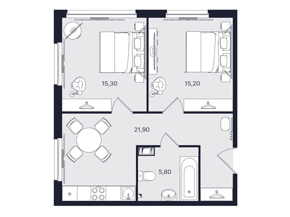 Планировка: 2-комн. квартира 58.20 м² в новостройке Интуит