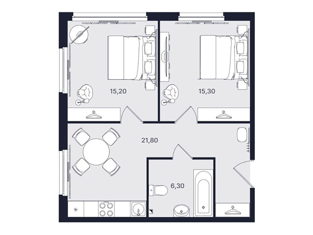 Планировка: 2-комн. квартира 58.60 м² в новостройке Интуит