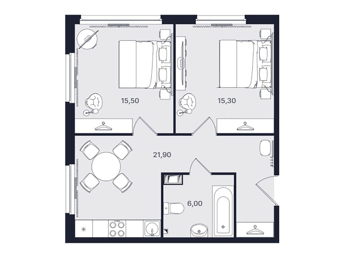 Планировка: 2-комн. квартира 58.70 м² в новостройке Интуит