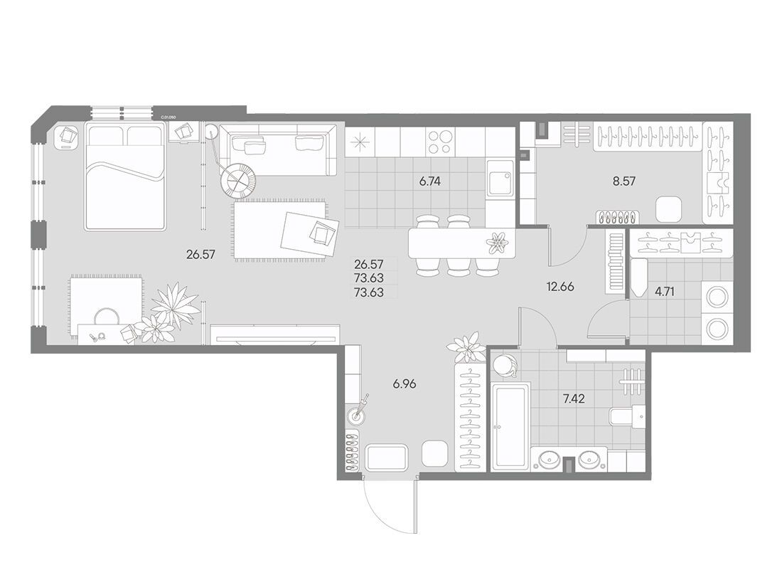 Планировка: 1-комн. квартира 71.60 м² в новостройке Амо